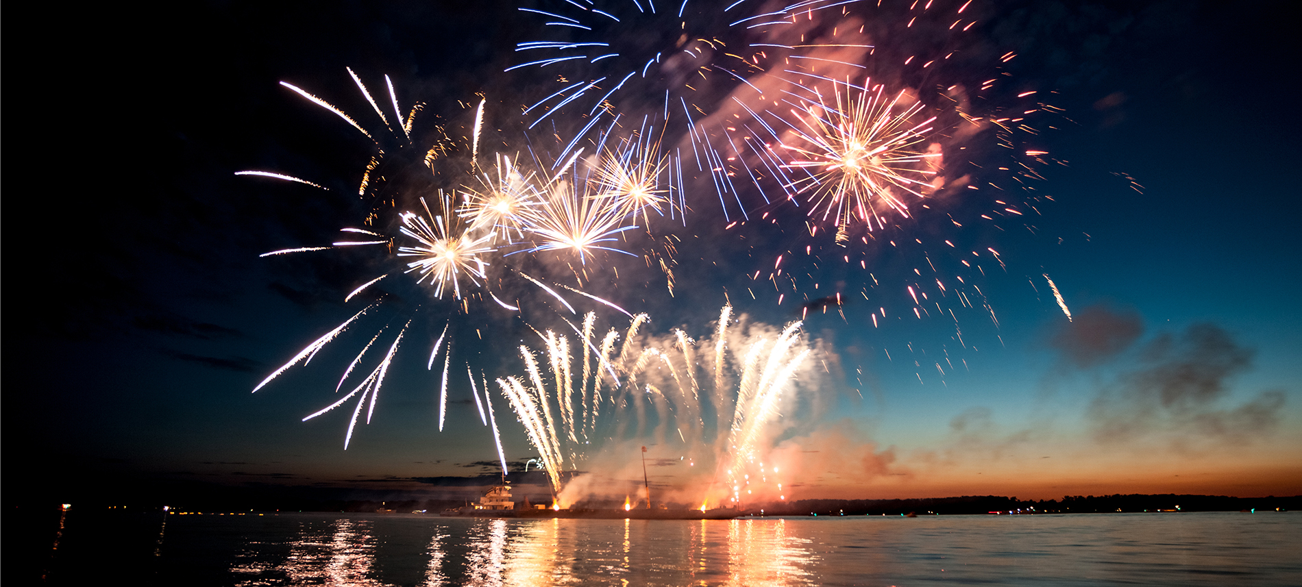 Holiday fireworks above water with reflection on the black sky background